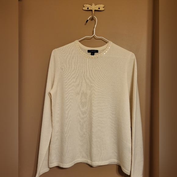 Lands' End. Beaded cashmere crewneck sweater, sequin collar detail. Off white. M - Picture 2 of 6